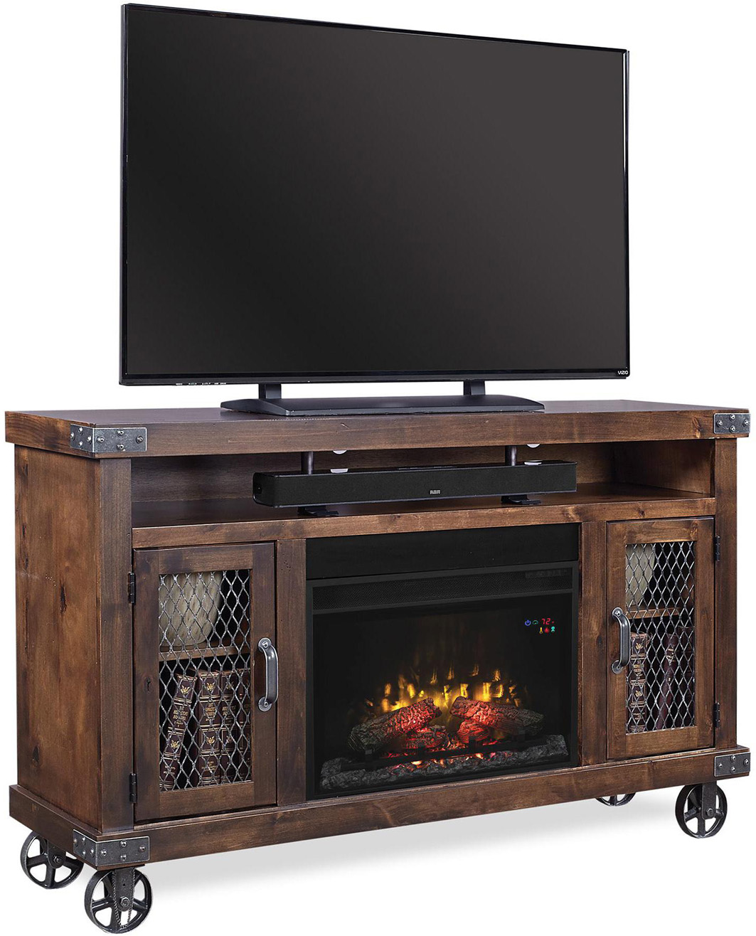 industrial tv console with fireplace